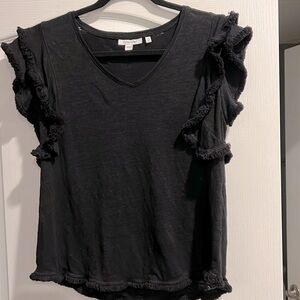 Chicos Black Fringe Short Sleeves Vee Tee